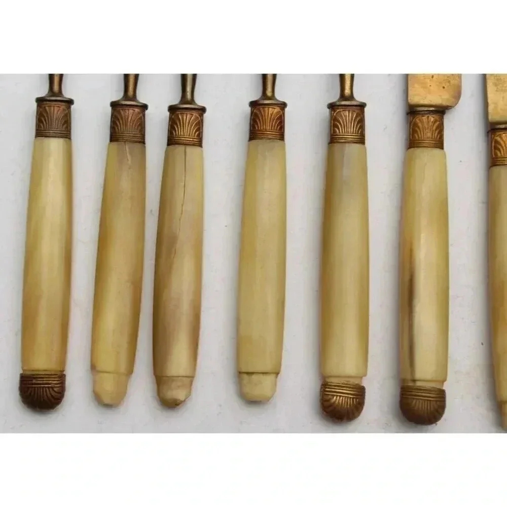 Antique 1800s Victorian Bone Fork & Knife Set Utensils Silverware